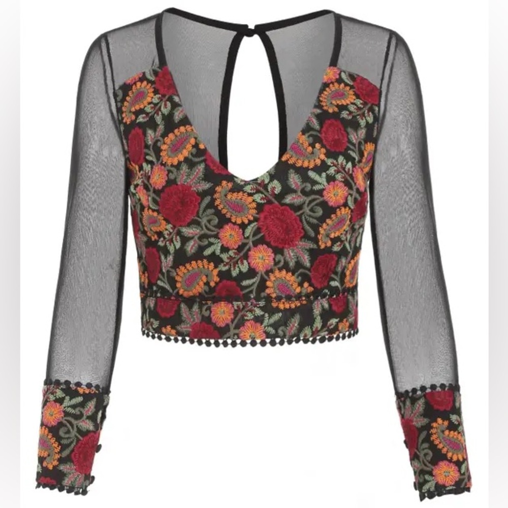 My-Kim‎ Collection Cropped Long Sleeve Mesh Embroidered Boho
Floral Top Size S